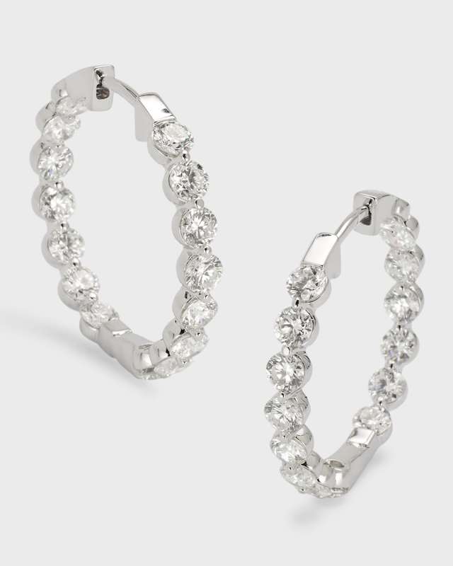 18K White Gold Round Diamond Hoop Earrings, 3.0tcw, 0.9"L x 0.12"W